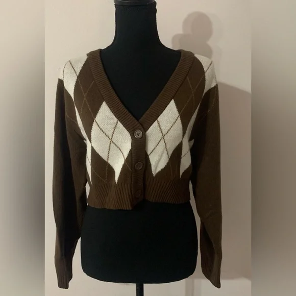 Brown and Cream Argyle Cardigan - Picture 1 of 4